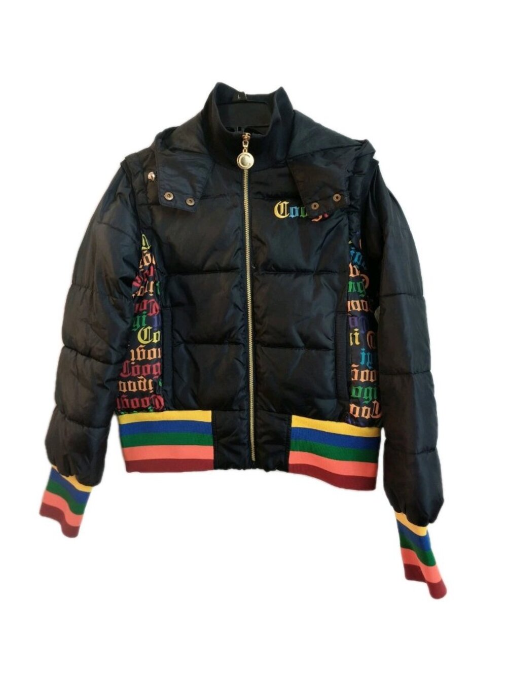 Coogi Women Jacket XL  Black Graphic Logo Print Puffer Zipper Long Sleeve READ